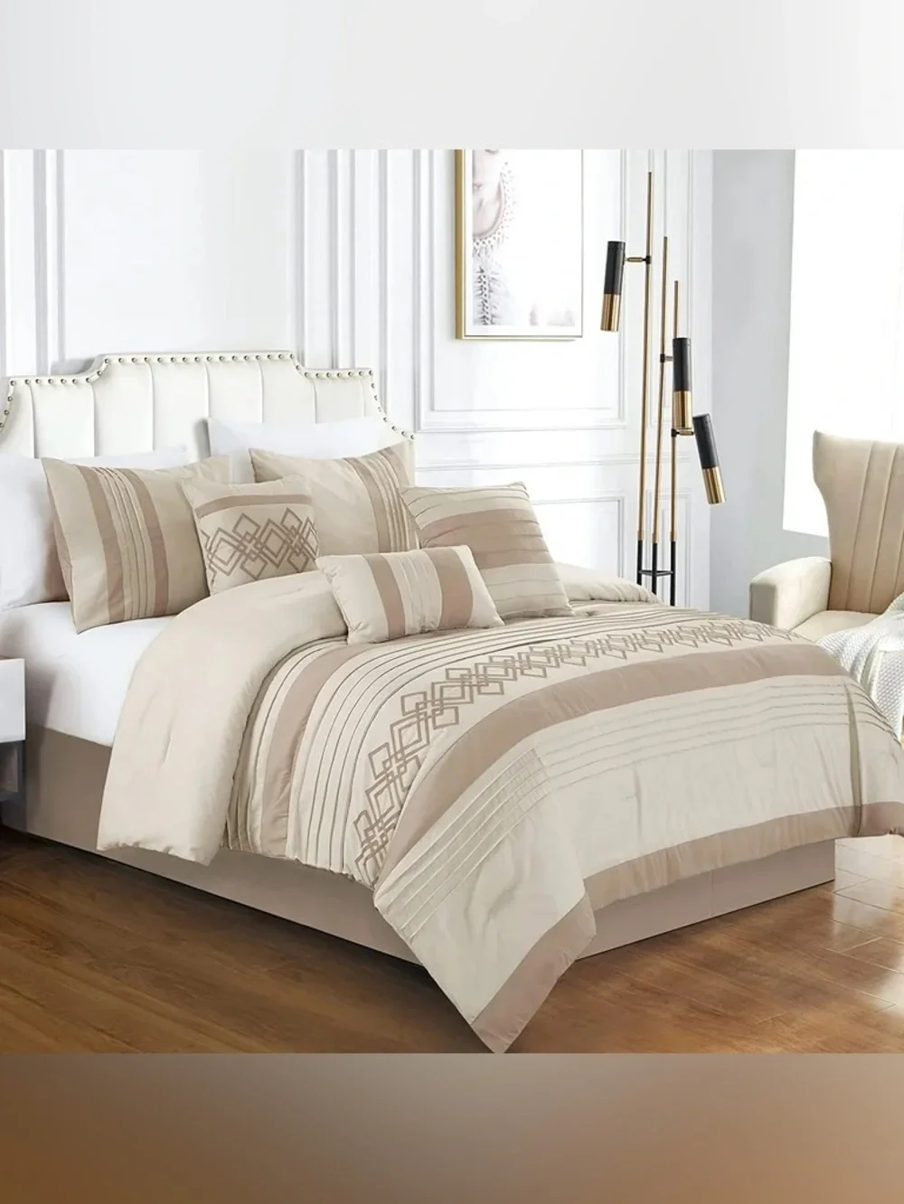 Luxury Cream and Taupe Geometric king 3 piece Comforter Set